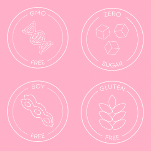 Pink icons showing GMO free, zero sugar, soy free, and gluten free product badges