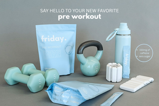 Friday Wellness pre-workout displayed with fitness gear and text highlighting 150mg caffeine and zero sugar