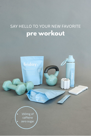 Friday Wellness pre-workout products displayed with dumbbells, kettlebell, and water bottle